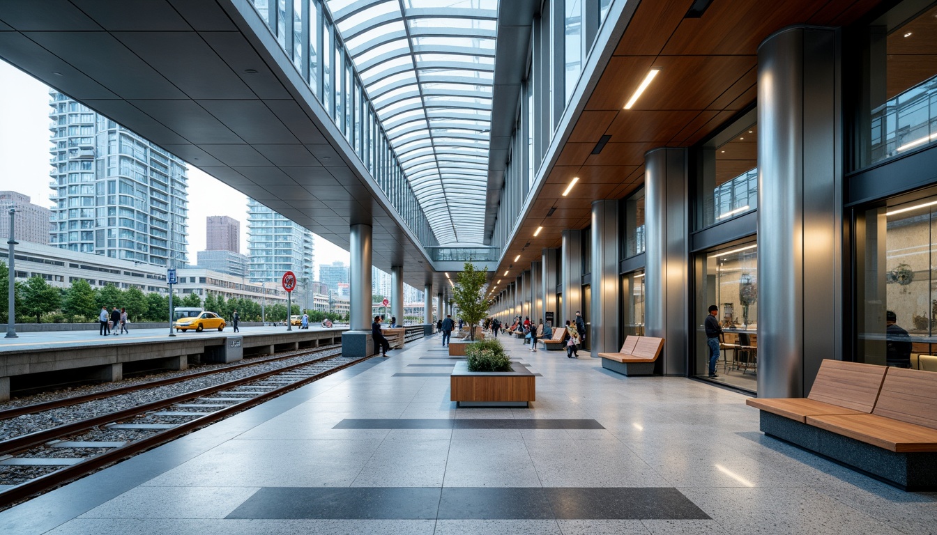 Prompt: Sleek modern train station, polished stainless steel columns, frosted glass ceilings, industrial-chic concrete floors, high-gloss epoxy resin coatings, metallic silver accents, backlit LED signage, minimalist seating areas, curved wooden benches, brushed aluminum handrails, natural stone walls, geometric patterned tiles, energy-efficient lighting systems, panoramic city views, bustling urban atmosphere, shallow depth of field, 1/2 composition, realistic reflections, ambient occlusion.