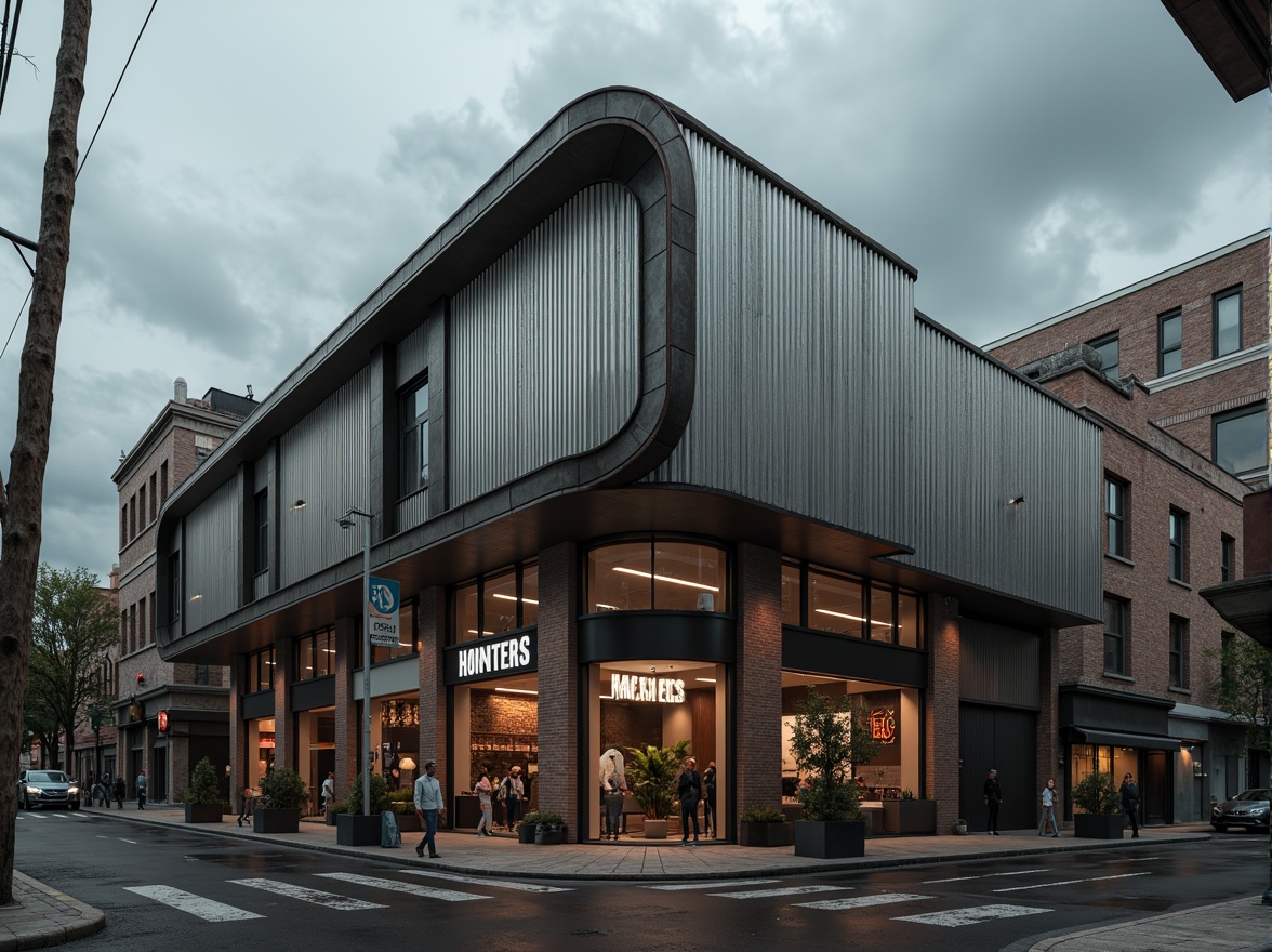 Prompt: Rustic industrial building, galvanized steel cladding, fire brick walls, metallic sheen, distressed textures, urban landscape, cloudy grey sky, dramatic backlighting, shallow depth of field, 1/2 composition, gritty realistic details, ambient occlusion.