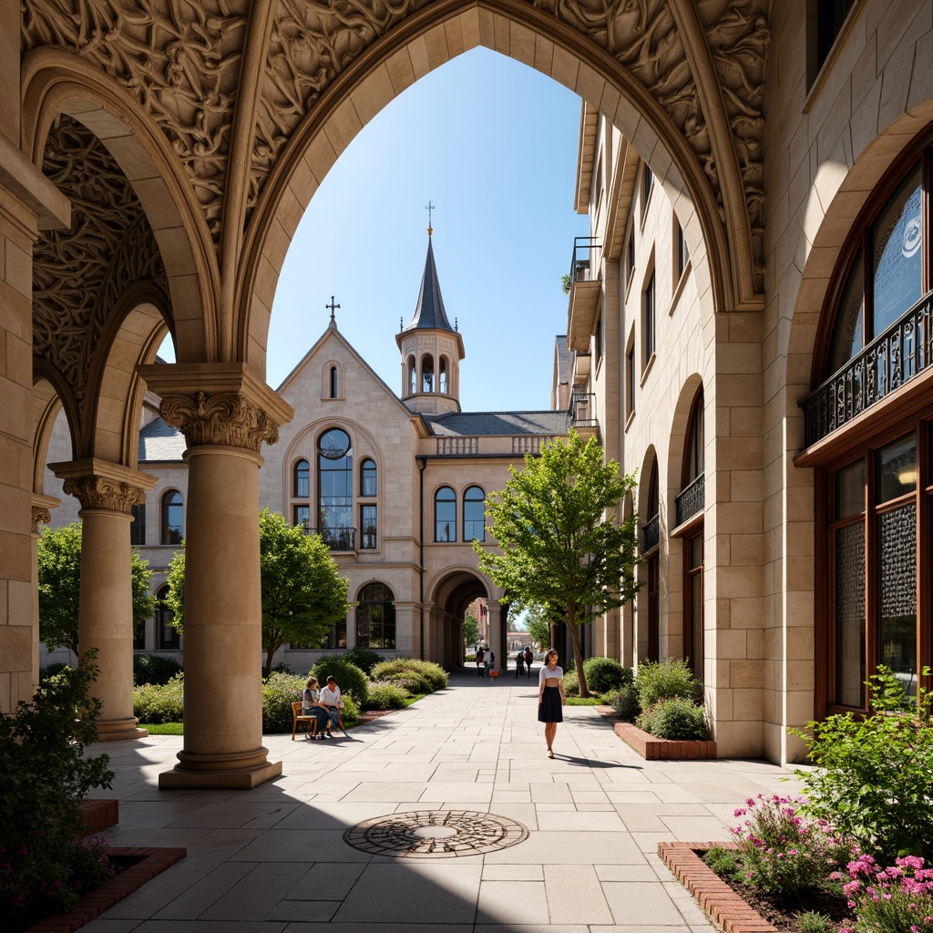 Prompt: Intricate stone carvings, ornate metalwork, flowing organic lines, curved facades, grand entrance archways, ornamental turrets, vibrant stained glass windows, richly patterned mosaics, lush greenery, blooming flowers, sunny day, soft warm lighting, shallow depth of field, 3/4 composition, panoramic view, realistic textures, ambient occlusion, historic campus buildings, academic institutions, prestigious universities, iconic clock towers, sprawling quad spaces, meandering walkways, ornate lamp posts, elegant benches.