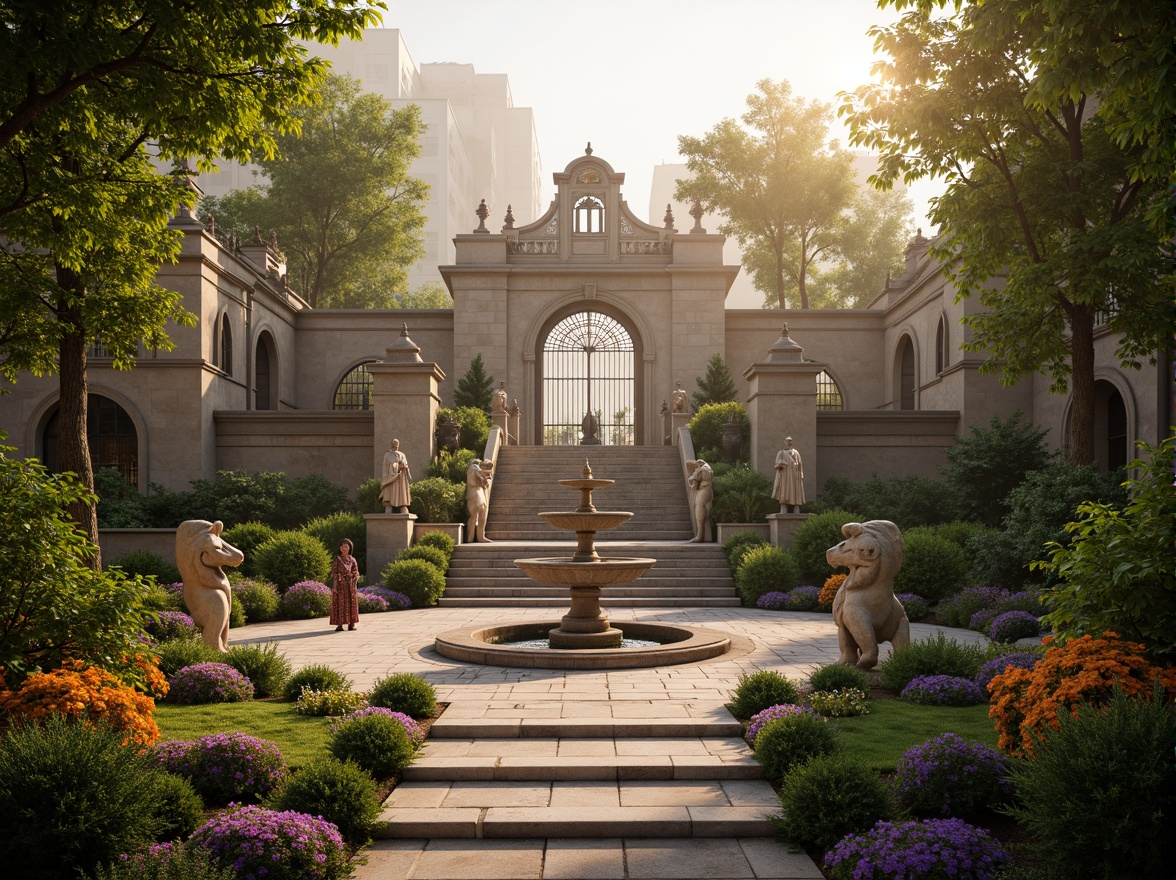 Prompt: Ornate fountain, grand staircase, lush greenery, vibrant flowers, statues of mythological figures, symmetrical pathways, intricate stone carvings, ornamental metalwork, majestic entrance gates, imposing stone walls, dramatic lighting effects, misty atmosphere, warm golden hour, shallow depth of field, 1/1 composition, panoramic view, realistic textures, ambient occlusion.