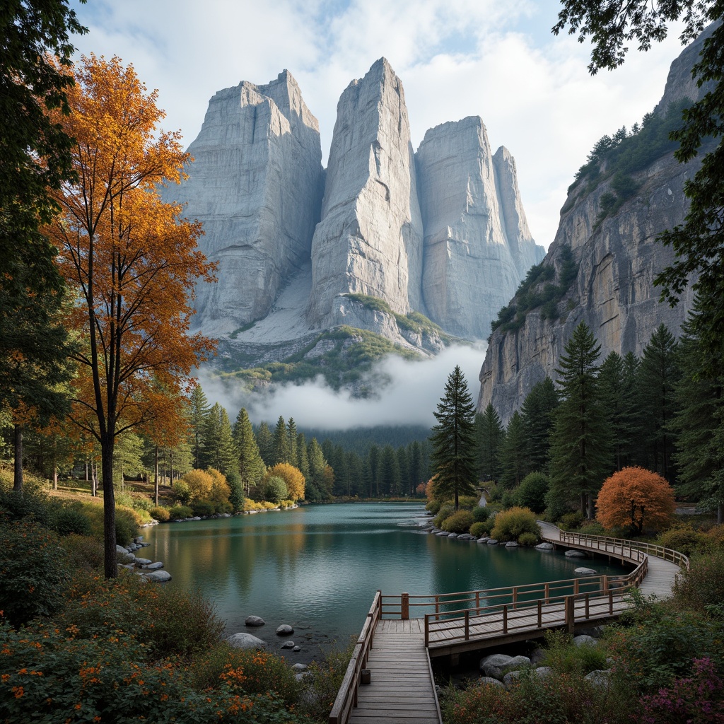 Prompt: Majestic mountain ranges, serene lakes, rustic wooden bridges, meandering hiking trails, vibrant wildflowers, dramatic rock formations, constructivist architecture, geometric shapes, bold color schemes, abstract patterns, fragmented structures, deconstructed forms, futuristic materials, innovative textures, atmospheric mist, warm golden lighting, 1/1 composition, extreme depth of field, realistic reflections.