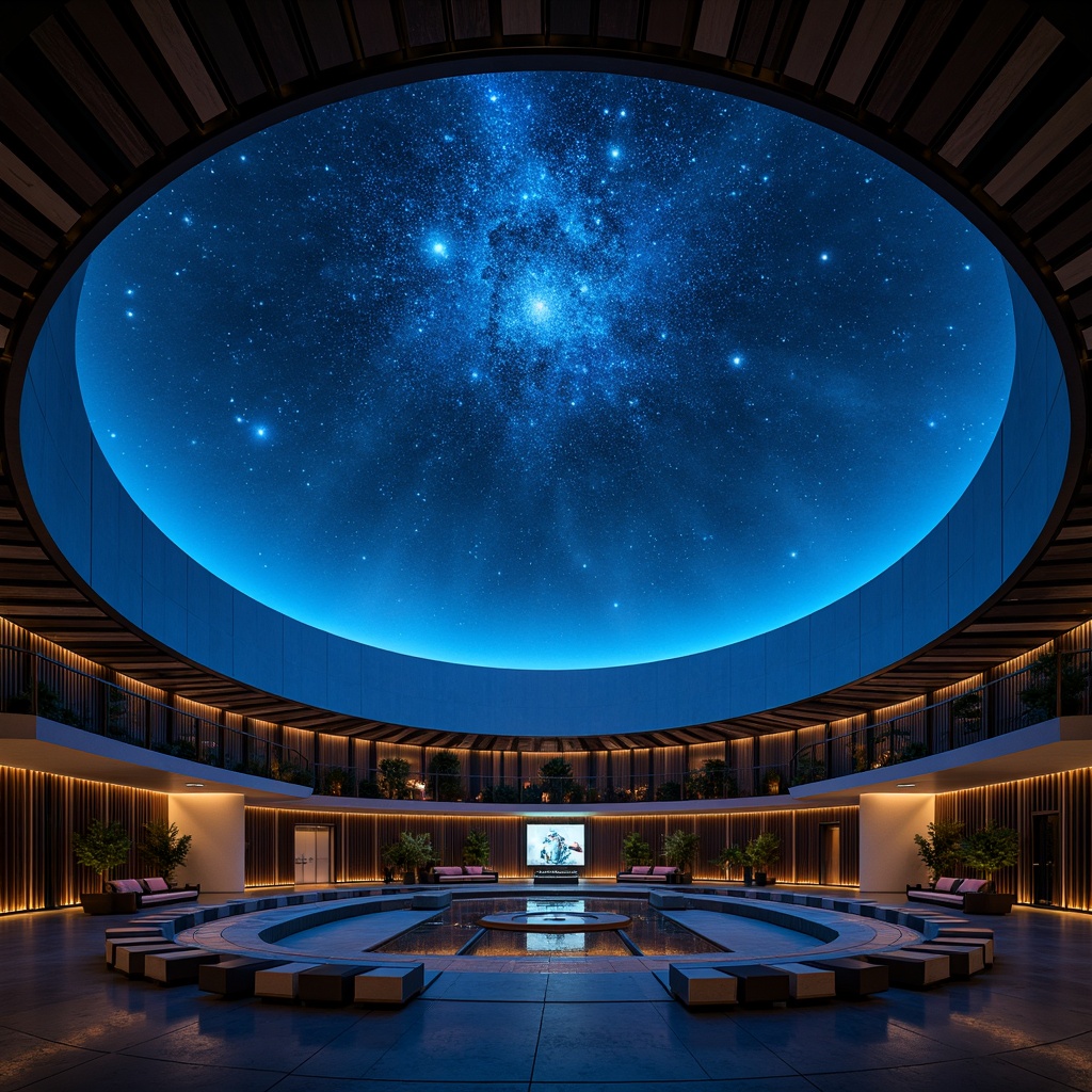 Prompt: Celestial planetarium dome, starry night sky, dark blue tones, subtle gradient lighting, soft warm ambiance, 3D projection mapping, futuristic architecture, minimalist interior design, sleek metal accents, polished concrete floors, geometric patterns, ambient LED lights, fiber-optic starfield installation, softbox lighting, diffused illumination, atmospheric fog effects, dramatic spotlights, high-contrast ratios, cinematic color grading, wide-angle lens, low-angle shots, 1/2 composition, symmetrical framing.