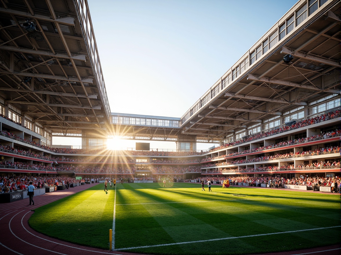 Prompt: Large stadium, open-air design, natural lighting, sunlight pouring in, retractable roof, vast open spaces, cantilevered upper tiers, modern steel structures, sleek glass fa\u00e7ades, minimal shading devices, optimized seating arrangements, vibrant green turf, athletic tracks, scoreboard displays, floodlighting systems, warm golden hour, soft diffused light, 1/2 composition, dramatic shadows, realistic textures, ambient occlusion.