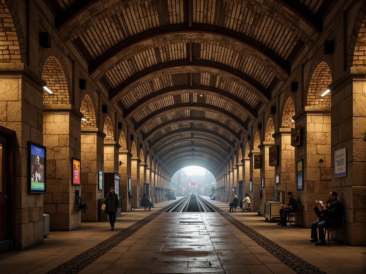 Prompt: Rustic underground metro station, Romanesque arches, robust stone columns, ornate carvings, textured brick walls, earthy tones, warm lighting, grand vaulted ceilings, intricate stonework patterns, rough-hewn granite floors, medieval-inspired decorative elements, sturdy steel beams, industrial-chic metal fixtures, atmospheric misting systems, subtle color grading, cinematic low-key lighting, 1/2 composition, dramatic shadows, realistic textures.