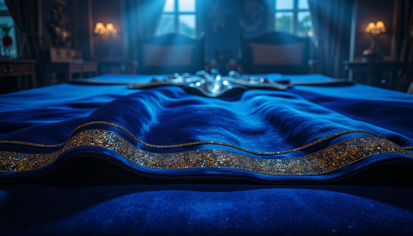 Prompt: Luxurious sapphire blue hues, rich velvety textures, sparkling crystal accents, majestic ornate details, lavish gold trims, opulent jewel-toned fabrics, regal high-contrast lighting, dramatic shadows, 3/4 composition, low-angle shot, cinematic ambiance, mysterious atmospheric fog, elegant refined lines, sophisticated abstract patterns.