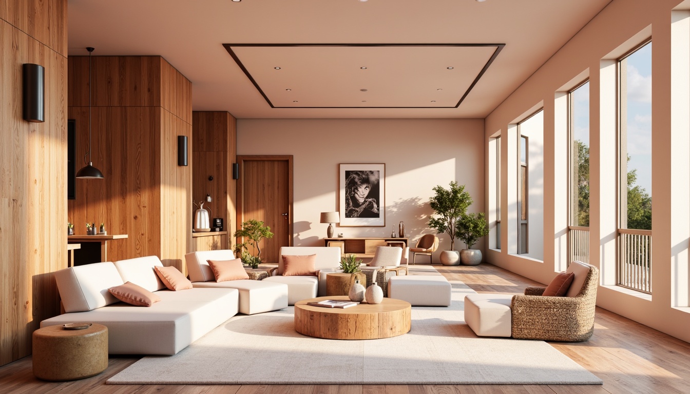 Prompt: Vibrant modern interior, sleek furniture, pastel color scheme, soft peach tones, creamy whites, rich wood accents, metallic highlights, natural textiles, geometric patterns, ambient lighting, shallow depth of field, 1/1 composition, realistic renderings, atmospheric effects.