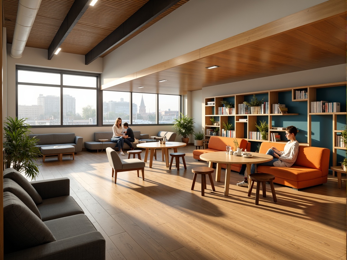 Prompt: Cozy student lounge, minimalist decor, wooden flooring, comfortable sofas, study tables, task lamps, bookshelves, vibrant accent walls, modern furniture, functional storage units, open floor plan, natural light, airy atmosphere, soft warm lighting, shallow depth of field, 3/4 composition, panoramic view, realistic textures, ambient occlusion.