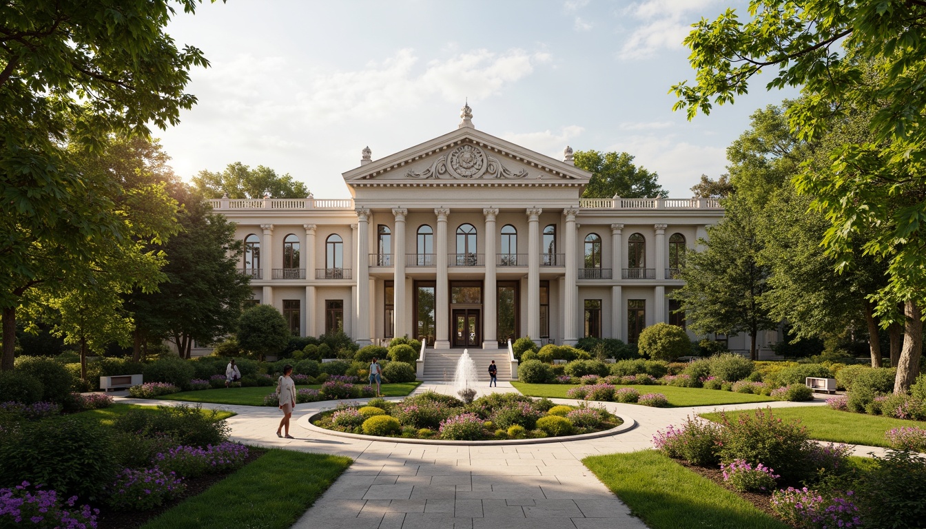 Prompt: Elegant neoclassical library, grand entrance with ornate details, lush greenery, manicured lawns, blooming flowers, sculpted hedges, meandering walkways, natural stone paths, classical fountains, symmetrical landscaping, majestic trees, soft warm lighting, shallow depth of field, 3/4 composition, panoramic view, realistic textures, ambient occlusion.