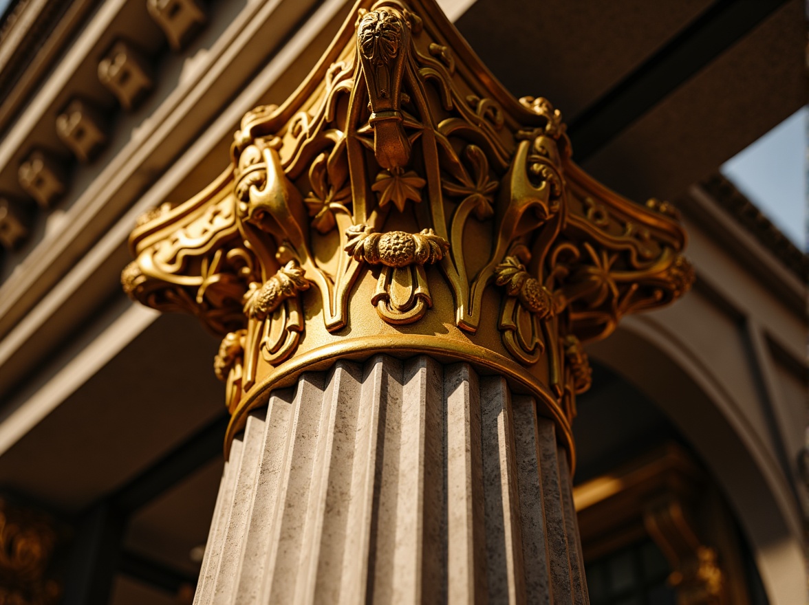 Prompt: Ornate column, golden accents, intricate carvings, fluted details, ornamental capitals, marble or limestone material, richly polished surface, subtle curves, elegant proportions, grandiose architecture, luxurious atmosphere, soft warm lighting, high-contrast shading, detailed textures, realistic reflections, dramatic composition, low-angle view.