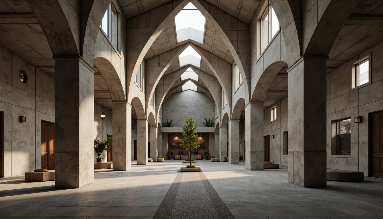 Prompt: Rugged church facade, raw concrete textures, brutalist architecture style, fortress-like structure, angular lines, minimalist ornamentation, natural light pouring through clerestory windows, dramatic vaulted ceilings, poured-in-place concrete walls, ribbed arches, subtle earthy color palette, weathered stone accents, industrial-style lighting fixtures, stark interior spaces, monumental scale, high-contrast chiaroscuro lighting, wide-angle lens capture, 2/3 composition, atmospheric perspective.