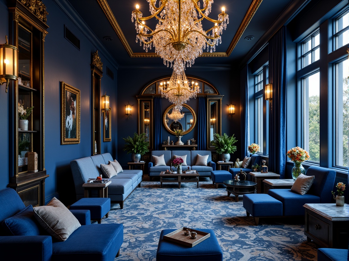 Prompt: Luxurious sapphire-inspired interior, rich blue hues, deep navy accents, velvety soft furnishings, metallic gold details, crystal chandeliers, ornate mirrors, lavish textiles, regal atmosphere, opulent decor, high-end finishes, dramatic lighting, warm golden undertones, sophisticated ambiance, elegant lines, refined architectural details.