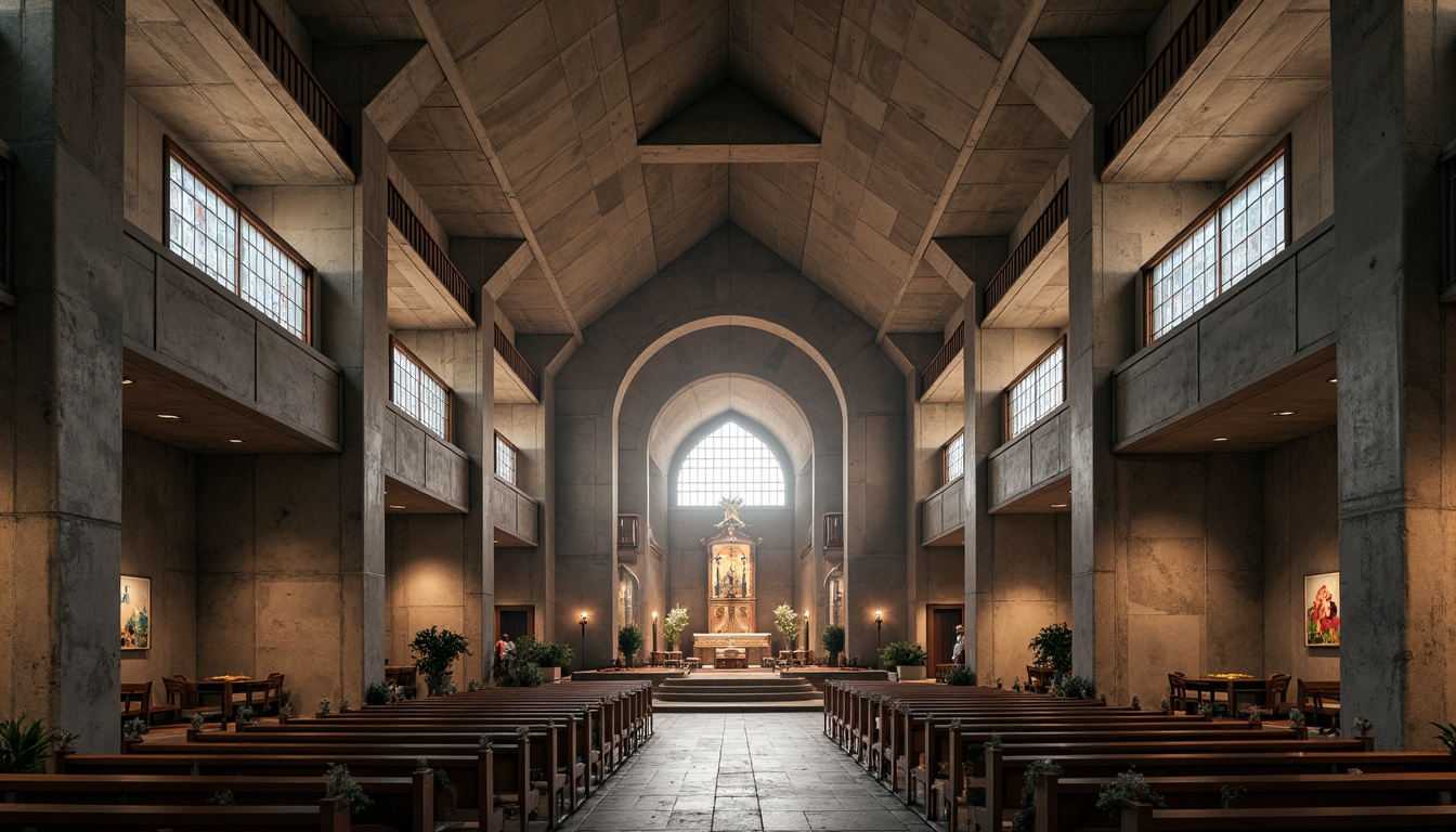 Prompt: Rugged brutalist church, exposed concrete walls, raw stone foundations, fortress-like structure, angular lines, geometric shapes, minimalist ornamentation, industrial-style lighting, steel beams, wooden pews, stained glass windows, grandiose vaulted ceiling, dramatic natural light, soft warm glow, 1/1 composition, symmetrical framing, high-contrast textures, cinematic atmosphere.Let me know if you need any adjustments!