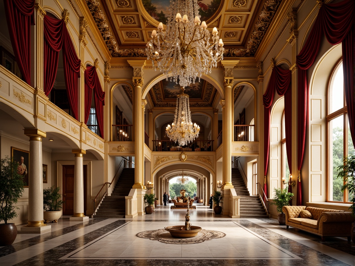 Prompt: Opulent baroque palace, ornate gold accents, rich velvet drapes, luxurious marble floors, intricate fresco ceilings, grand staircases, dramatic archways, lavish chandeliers, warm golden lighting, soft misty atmosphere, 1/1 composition, symmetrical framing, vivid colors, realistic textures, ambient occlusion.