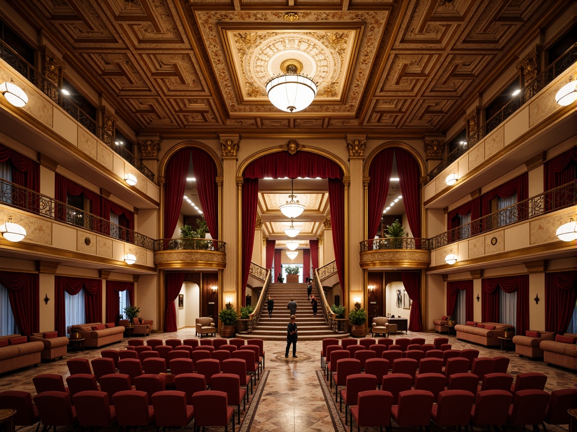 Prompt: Grand auditorium, ornate plaster ceilings, gilded moldings, velvet curtains, luxurious chandeliers, intricate wooden paneling, polished marble floors, sweeping staircases, majestic entrance halls, elegant balconies, plush seating areas, acoustic sound systems, dramatic spotlights, warm ambient lighting, shallow depth of field, 1/1 composition, realistic textures, ambient occlusion.