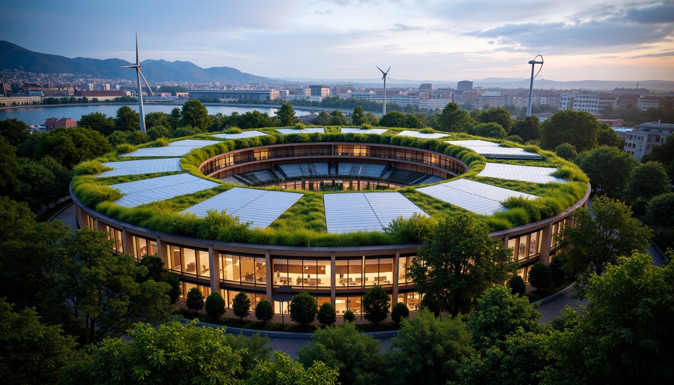 Prompt: Curved stadium silhouette, lush green roofs, solar panels, wind turbines, natural ventilation systems, recycled materials, organic shapes, earthy tones, wooden accents, living walls, vibrant flora, curved lines, open-air design, panoramic views, dramatic lighting, shallow depth of field, 3/4 composition, realistic textures, ambient occlusion, evening atmosphere, warm soft glow.