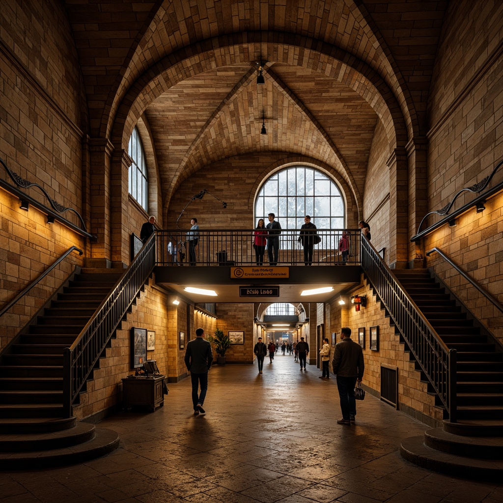 Prompt: Rustic underground metro station, vaulted ceilings, stone archways, brickwork walls, ornate columns, intricate carvings, rich textures, earthy tones, warm ambient lighting, dramatic shadows, grand entrance halls, sweeping staircases, ornate metalwork, Romanesque Revival style, historic architectural elements, vintage signage, classic typography, atmospheric misting effects, soft focus blur, 1/2 composition, moody color palette.