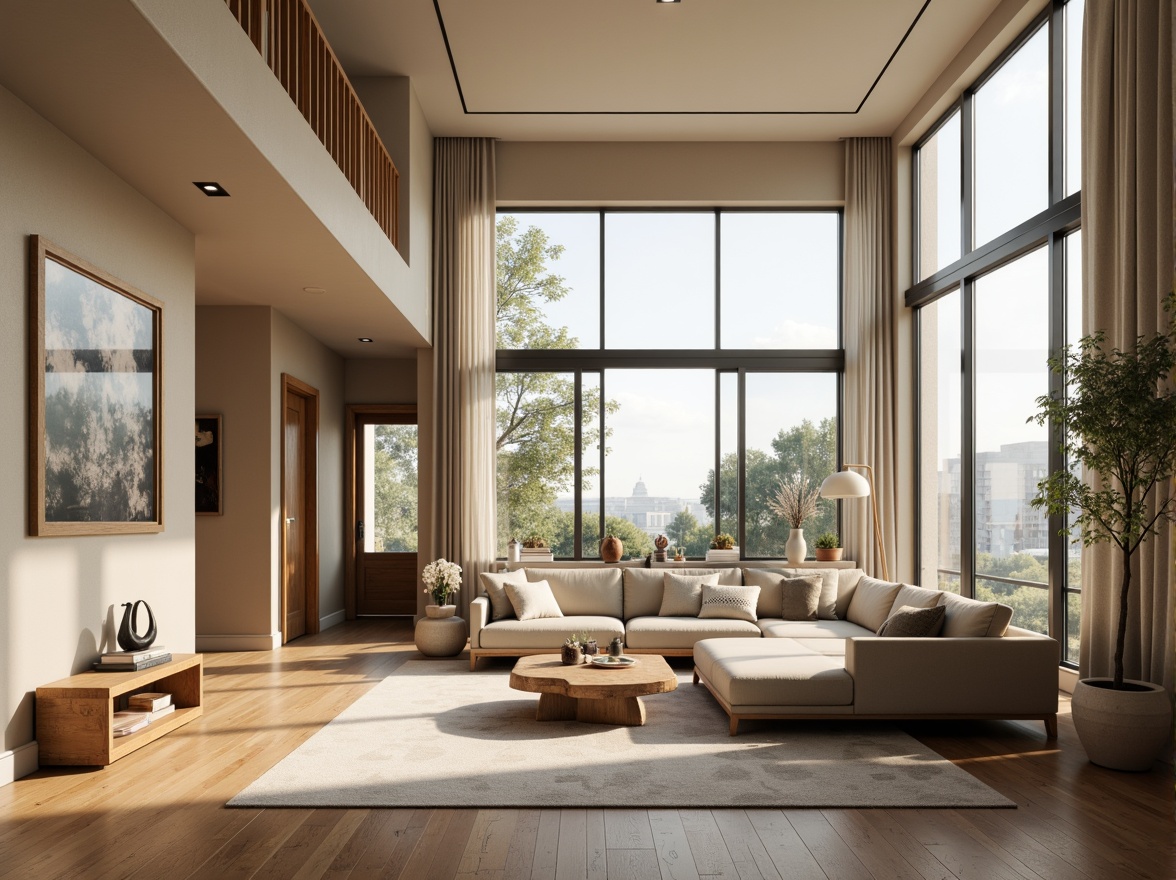 Prompt: Modern living room, minimalistic decor, functional furniture, comfortable seating, floor-to-ceiling windows, natural light, sleek wooden floors, warm beige walls, cozy atmosphere, task-oriented lighting, 1/1 composition, shallow depth of field, realistic textures, ambient occlusion.