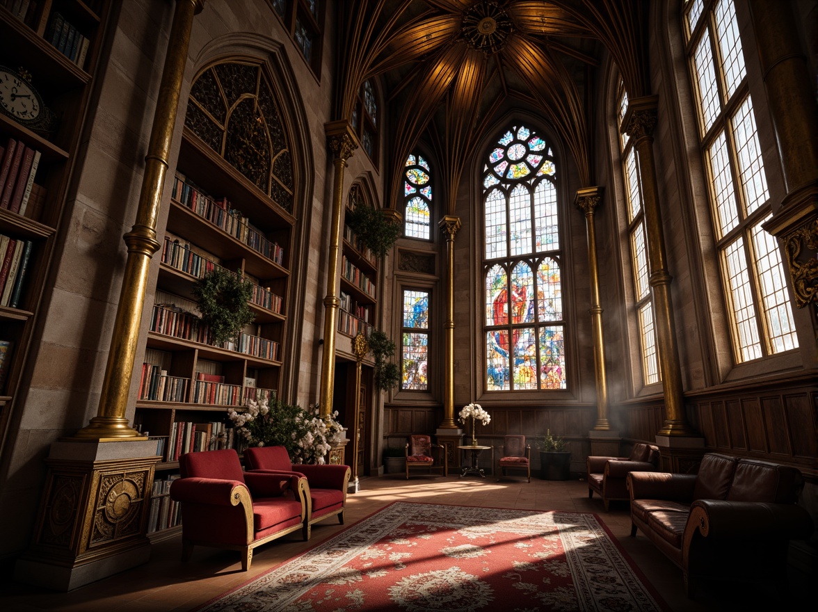 Prompt: Richly ornate Gothic architecture, grandiose vaulted ceilings, stained glass windows, intricately carved stone walls, golden accents, metallic details, warm candlelight, mysterious shadows, lavish furnishings, velvety textiles, regal atmosphere, dramatic lighting, low-key illumination, 1/2 composition, atmospheric perspective, subtle fog effect.