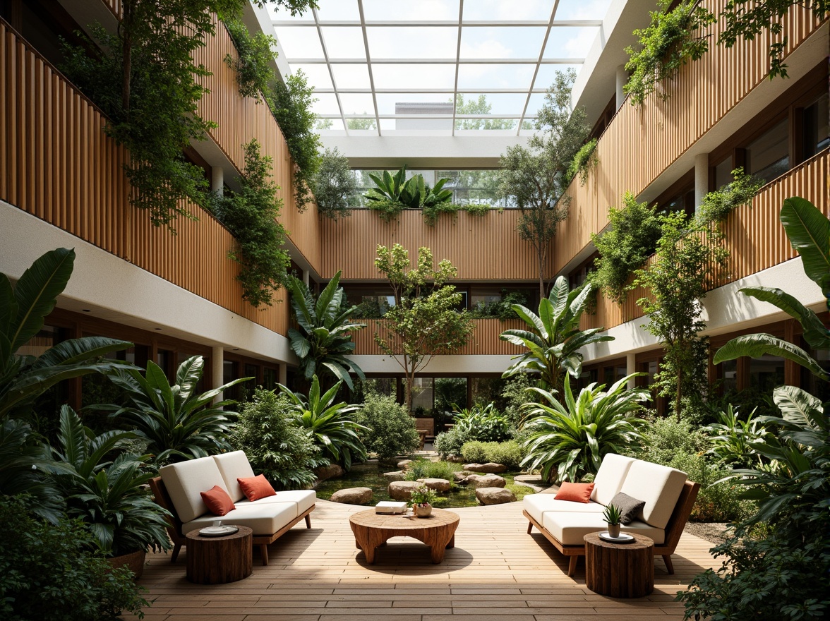 Prompt: Living walls, green roofs, natural ventilation systems, abundant daylight, organic shapes, wooden accents, reclaimed wood materials, lush interior landscaping, tropical plants, airy atriums, curved lines, minimalist seating areas, warm color schemes, earthy tones, suspended gardens, water features, small ponds, walking trails, eco-friendly flooring, bamboo textures, natural stone walls, soft diffused lighting, shallow depth of field, 1/2 composition, realistic renderings, ambient occlusion.