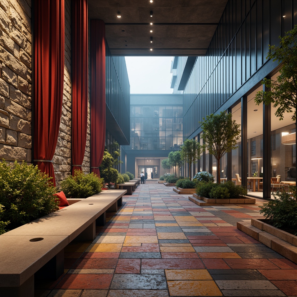 Prompt: Rough stone walls, smooth wooden floors, sleek metal facades, transparent glass surfaces, vibrant colorful tiles, intricate mosaic patterns, natural fiber textiles, luxurious velvet drapes, industrial concrete structures, futuristic LED lighting, atmospheric fog effects, shallow depth of field, 3/4 composition, panoramic view, realistic textures, ambient occlusion.