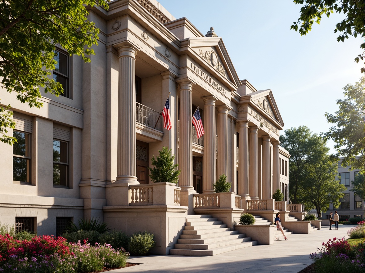 Prompt: Grandiose courthouse facade, Corinthian columns, ornate stone carvings, symmetrical architecture, majestic entrance, sweeping staircases, elegant archways, rusticated base, ornamental metalwork, intricate clock tower, vibrant American flags, lush greenery, blooming flowers, sunny day, soft warm lighting, shallow depth of field, 3/4 composition, realistic textures, ambient occlusion.