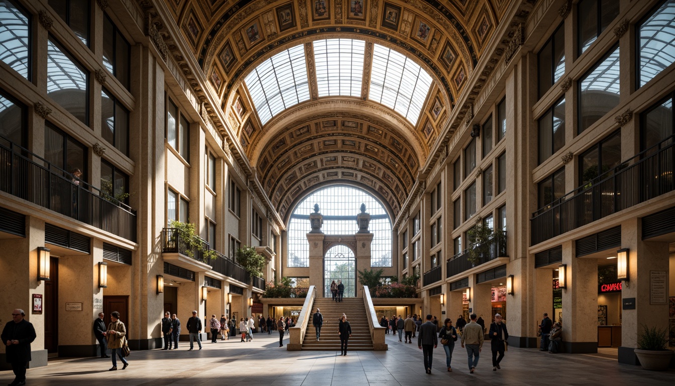 Prompt: Grand metropolitan hub, arched Romanesque entrance, majestic vaulted ceilings, ornate stone carvings, intricate mosaic patterns, elegant staircases, modern subway signs, bustling pedestrian traffic, natural light pouring through skylights, sleek metal railings, warm ambient lighting, shallow depth of field, 1/2 composition, realistic textures, ambient occlusion.