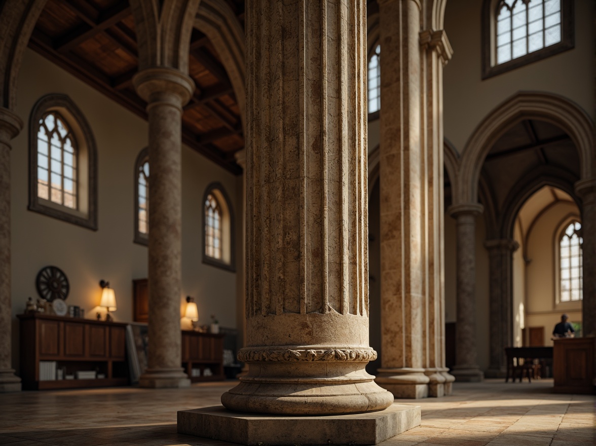 Prompt: Ancient Roman-inspired column, ornate capital, fluted shaft, rusticated base, natural stone material, earthy color palette, intricate carvings, Gothic arches, ribbed vaults, grandiose architecture, high ceilings, stained glass windows, dramatic lighting, warm ambient occlusion, realistic textures, 1/1 composition, symmetrical framing, subtle depth of field.