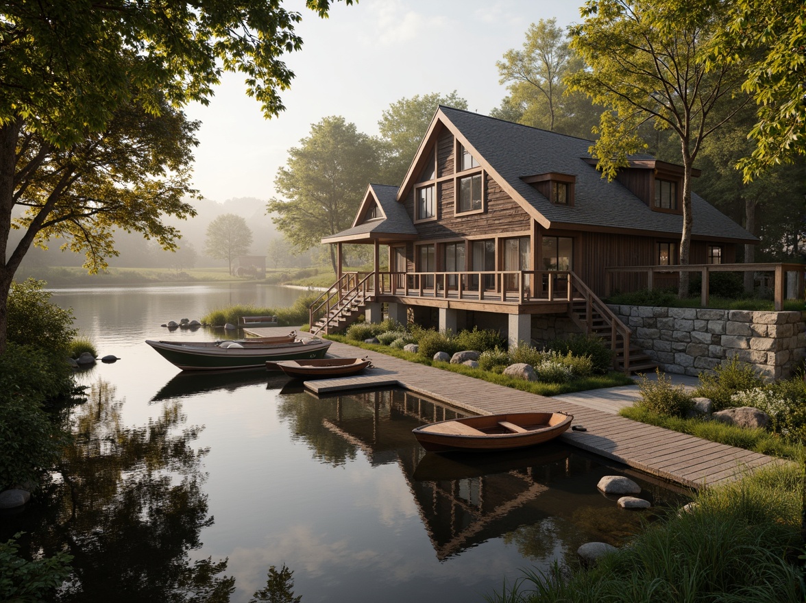 Prompt: Rustic boathouse, eclectic architecture, wooden docks, vintage boats, serene lake views, surrounding lush forests, overhanging trees, natural stone walls, reclaimed wood accents, nautical ropes, distressed finishes, warm golden lighting, shallow depth of field, 1/1 composition, symmetrical framing, misty morning atmosphere, soft water reflections, organic textures, ambient occlusion.