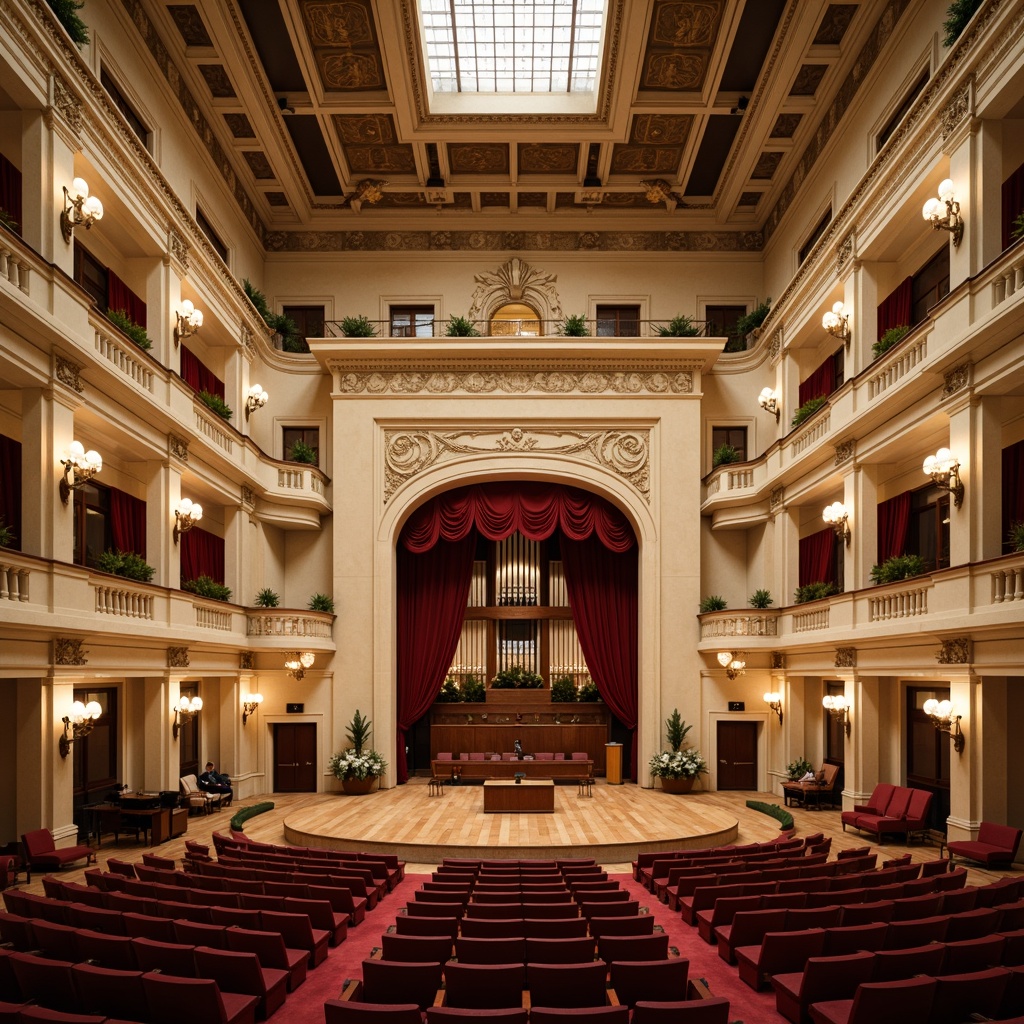 Prompt: Grand concert hall, neoclassical facade, ornate details, ionic columns, arched windows, rusticated base, symmetrical composition, cream-colored stone walls, bronze door handles, elegant entrance, red carpet, refined chandeliers, wooden flooring, soundproofing materials, acoustic panels, stage lighting, auditorium seating, balconies with ornate railings, historic architectural elements, subtle color scheme, warm ambient lighting, shallow depth of field, 1/2 composition, realistic textures, ambient occlusion.