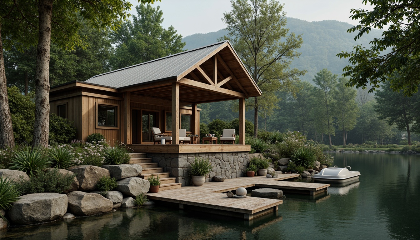 Prompt: Rustic boathouse, wooden dock, serene lake surroundings, lush greenery, water reflections, natural stone foundations, reclaimed wood accents, weathered metal roofs, earthy color palette, organic textures, subtle sheen, warm soft lighting, shallow depth of field, 2/3 composition, cinematic view, realistic renderings, ambient occlusion.