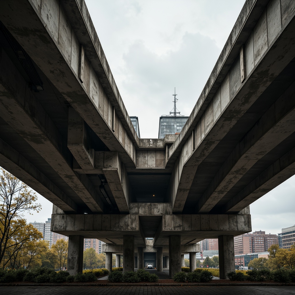 Prompt: Rugged brutalist bridge, weathered concrete texture, muted earthy tones, industrial steel beams, exposed ductwork, raw unfinished surfaces, urban cityscape background, cloudy grey sky, dramatic harsh lighting, high contrast shadows, 1/2 composition, cinematic wide-angle shot, realistic atmospheric effects, ambient occlusion.