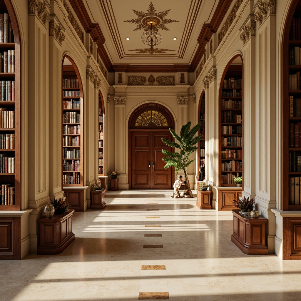 Prompt: Elegant library interior, ornate neoclassical details, rich wood tones, warm beige walls, cream-colored marble floors, stately columns, intricately carved wooden bookshelves, leather-bound tomes, golden accents, subtle cream lighting, soft focus, shallow depth of field, 1/2 composition, realistic textures, ambient occlusion.