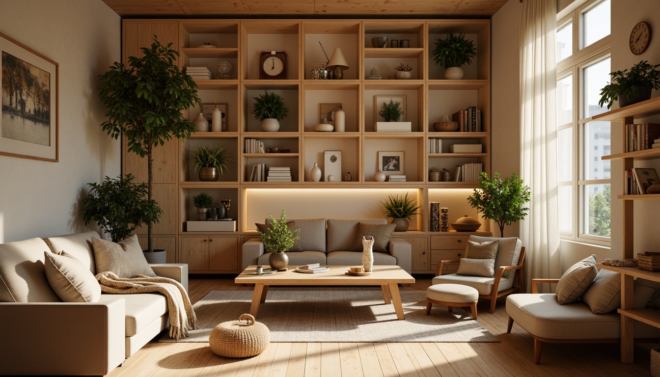 Prompt: Cozy social housing, minimalistic interior design, earthy color palette, natural textures, compact spaces, efficient layouts, modular furniture, space-saving solutions, ample storage, task-oriented lighting, soft warm ambiance, 1/1 composition, shallow depth of field, realistic rendering, subtle shadowing.