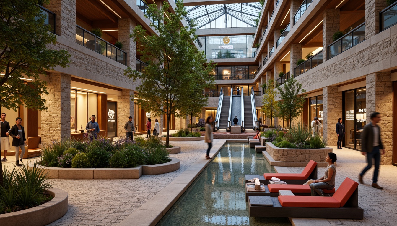 Prompt: Rustic shopping mall, natural stone walls, wooden accents, earthy tones, ambient lighting, warm atmosphere, cozy seating areas, greenery installations, water features, modern escalators, sleek glass railings, polished metal fixtures, intricate tile patterns, vibrant colorful textiles, 3D signage, shallow depth of field, panoramic view, realistic reflections, soft shadows.