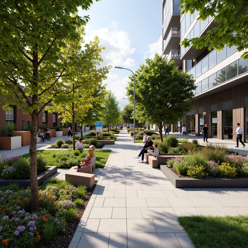 Prompt: Urban tram station plaza, lush greenery, vibrant flowers, pedestrian walkways, modern street furniture, stainless steel benches, LED light installations, concrete pavement, geometric planters, native trees, sunny day, soft warm lighting, shallow depth of field, 3/4 composition, panoramic view, realistic textures, ambient occlusion.