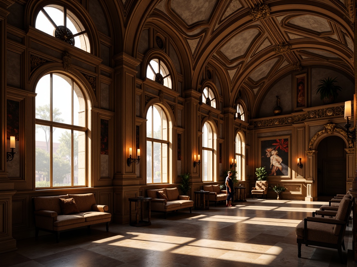 Prompt: Ornate arched windows, grandiose Baroque architecture, intricately carved stone surrounds, ornamental keystones, curved lines, dramatic arches, opulent golden decorations, lavish frescoes, rich velvet drapes, majestic interior spaces, stately columns, marble floors, warm candlelight, soft chiaroscuro, atmospheric perspective, 1/2 composition, warm color palette, high-contrast lighting.