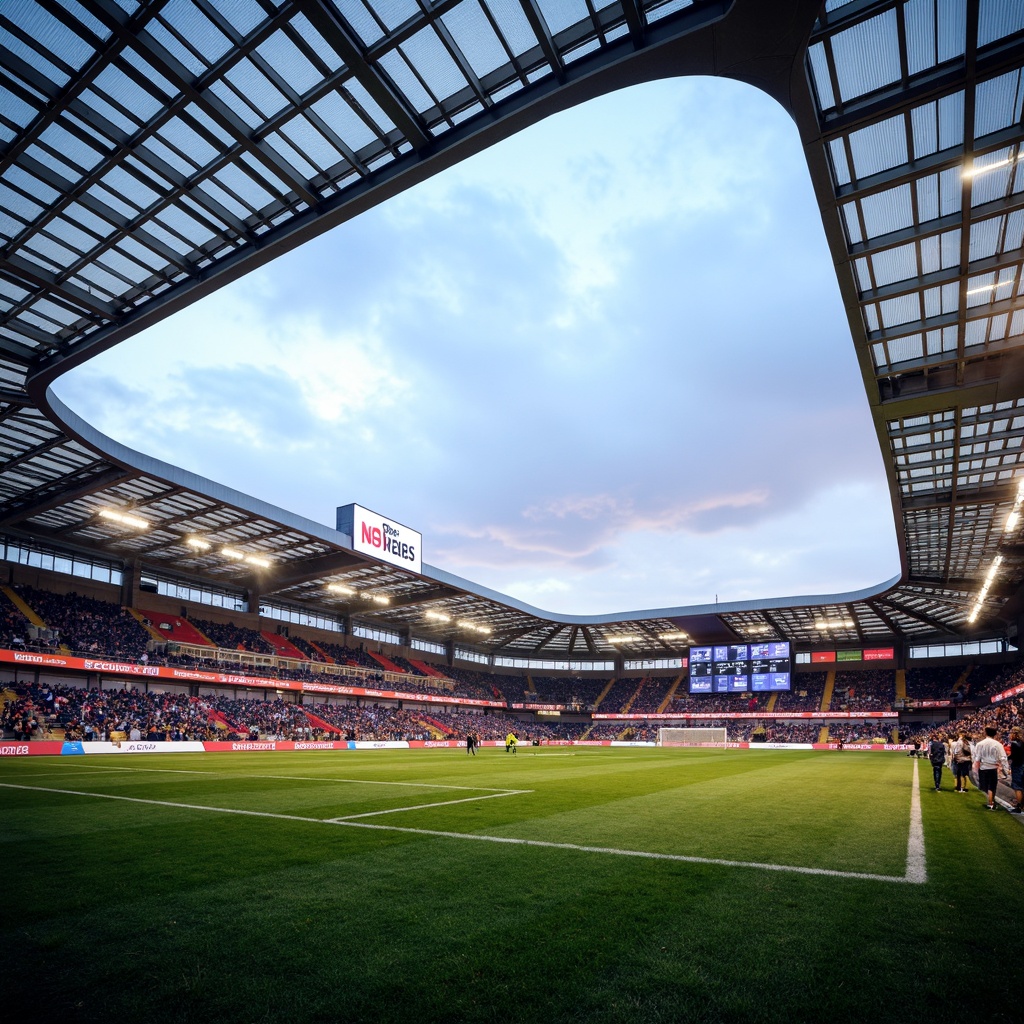 Prompt: \Sleek football stadium, cantilevered roof, lightweight steel beams, transparent polycarbonate panels, retractable seating, vibrant team colors, lush green grass, floodlights, evening atmosphere, soft warm lighting, shallow depth of field, 3/4 composition, panoramic view, realistic textures, ambient occlusion.\