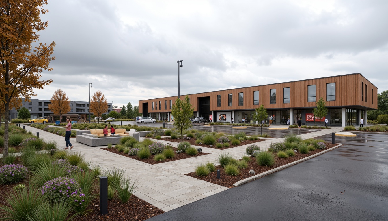 Prompt: Rustic distribution center, social housing complex, industrial landscape, functional outdoor spaces, loading docks, cargo containers, asphalt driveways, steel fencing, security cameras, outdoor lighting, native plant species, drought-resistant grasses, mulched gardens, weathered wood accents, modern signage, wayfinding graphics, pedestrian walkways, bike lanes, stormwater management systems, rain gardens, permeable pavers, natural stone retaining walls, tiered landscaping, angular building design, large windows, metal cladding, overcast skies, soft diffuse lighting, shallow depth of field, 2/3 composition, realistic textures, ambient occlusion.