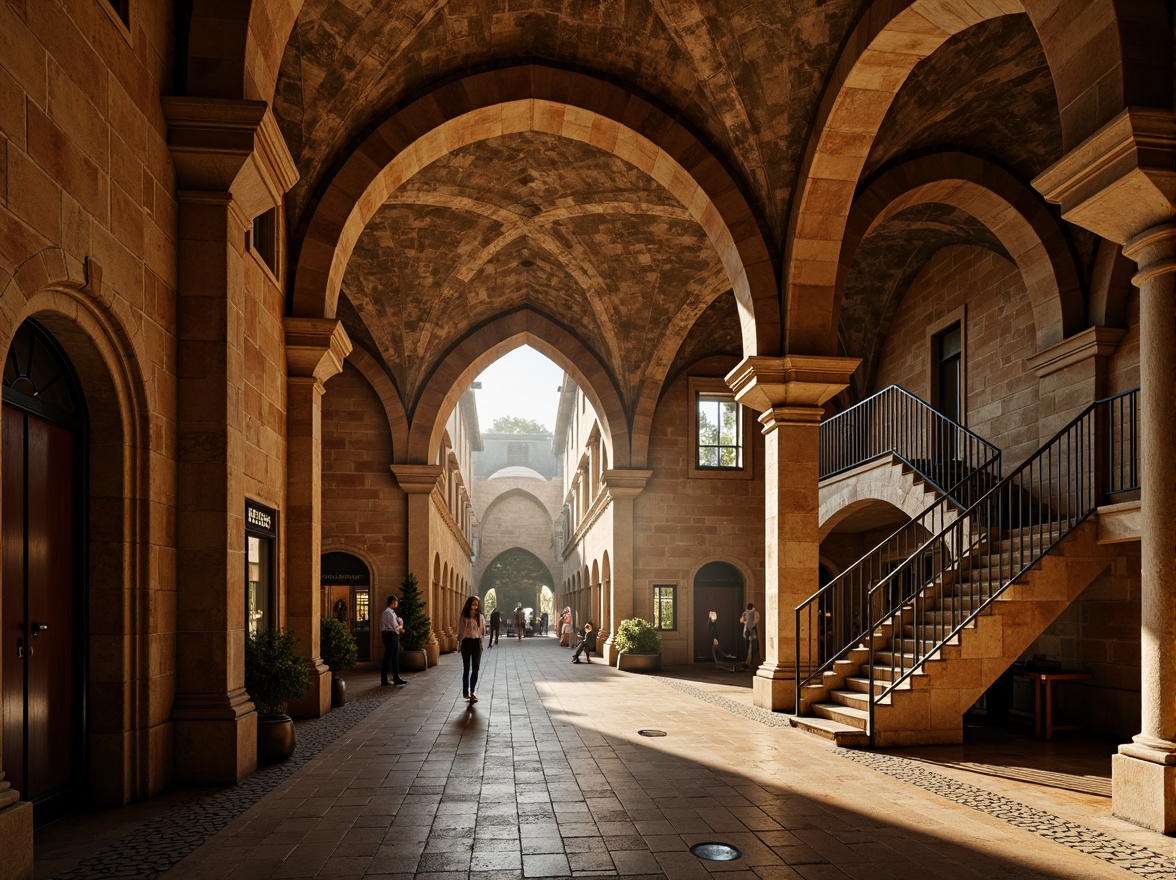 Prompt: \Romanesque metro station, rustic stone walls, arched ceilings, vaulted passageways, ornate columns, intricately carved capitals, warm golden lighting, richly textured stonework, medieval-inspired architecture, grand entrance halls, imposing staircases, decorative ironwork, ornamental tile patterns, earthy color palette, ambient shadows, 1/2 composition, soft focus, atmospheric mist.\