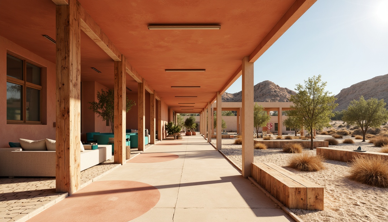 Prompt: Warm beige terracotta walls, sandy dune-inspired flooring, turquoise accents, vibrant coral hues, rustic metal fixtures, reclaimed wood benches, natural stone columns, arid landscape views, modern minimalist architecture, abundant natural light, soft warm lighting, shallow depth of field, 3/4 composition, panoramic view, realistic textures, ambient occlusion.