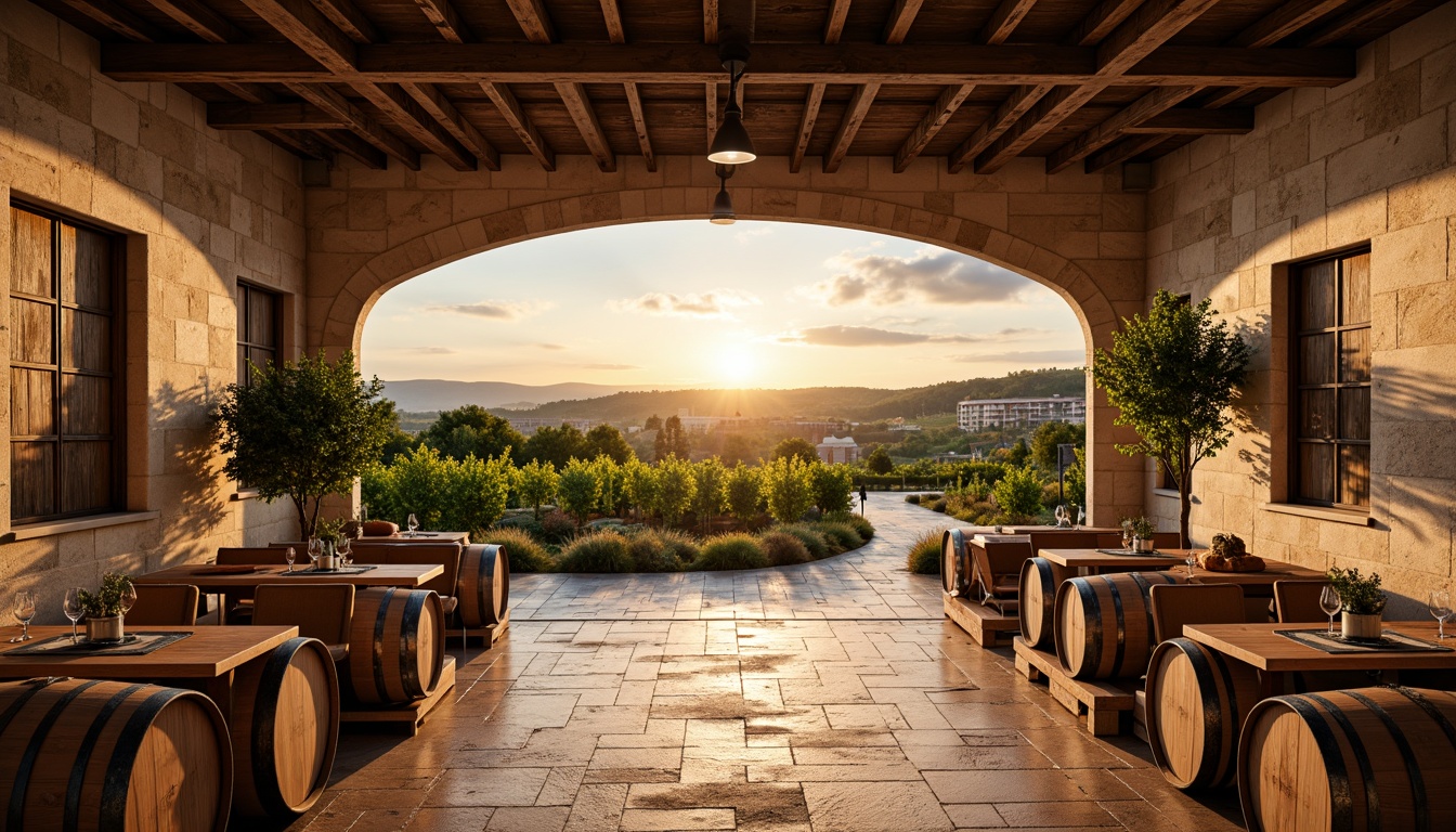 Prompt: Rustic winery, earthy tones, weathered wood accents, lush vineyards, rolling hills, golden sunsets, warm beige stone walls, distressed metal roofs, vintage wine barrels, rich oak flooring, soft natural lighting, 1/2 composition, shallow depth of field, realistic textures, ambient occlusion.