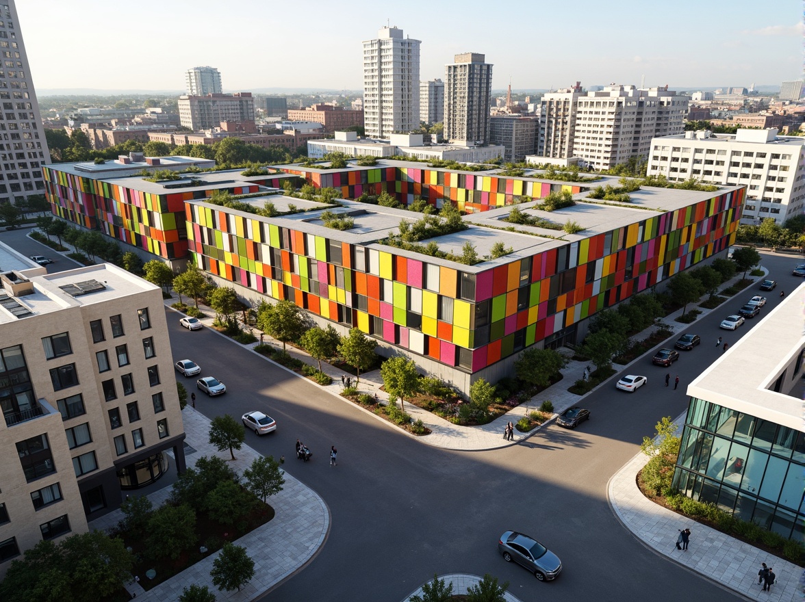 Prompt: Vibrant social housing complex, modern distribution center, innovative fa\u00e7ade design, geometric patterns, colorful glass panels, metal mesh cladding, cantilevered balconies, green roofs, solar panels, urban landscape, busy streets, morning sunlight, shallow depth of field, 1/2 composition, symmetrical architecture, clean lines, minimalist aesthetic, communal outdoor spaces, public art installations, pedestrian walkways, bustling city life.