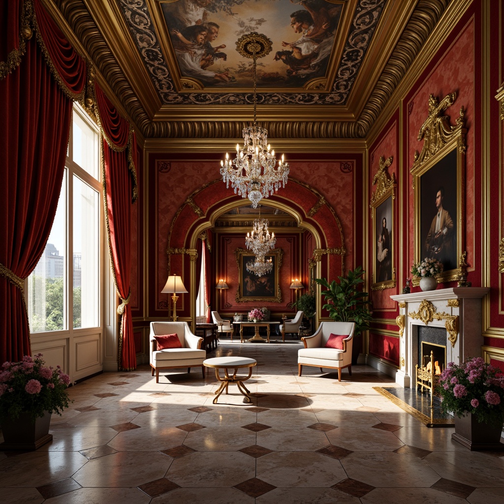 Prompt: Luxurious velvet fabrics, intricate golden embroidery, ornate marble floors, richly polished wooden panels, lavish crystal chandeliers, majestic fresco ceilings, opulent silk drapes, heavily carved furniture, gilded metal accents, subtle sheen on decorative walls, warm candlelight, soft focus, 1/2 composition, realistic reflections, ambient occlusion.