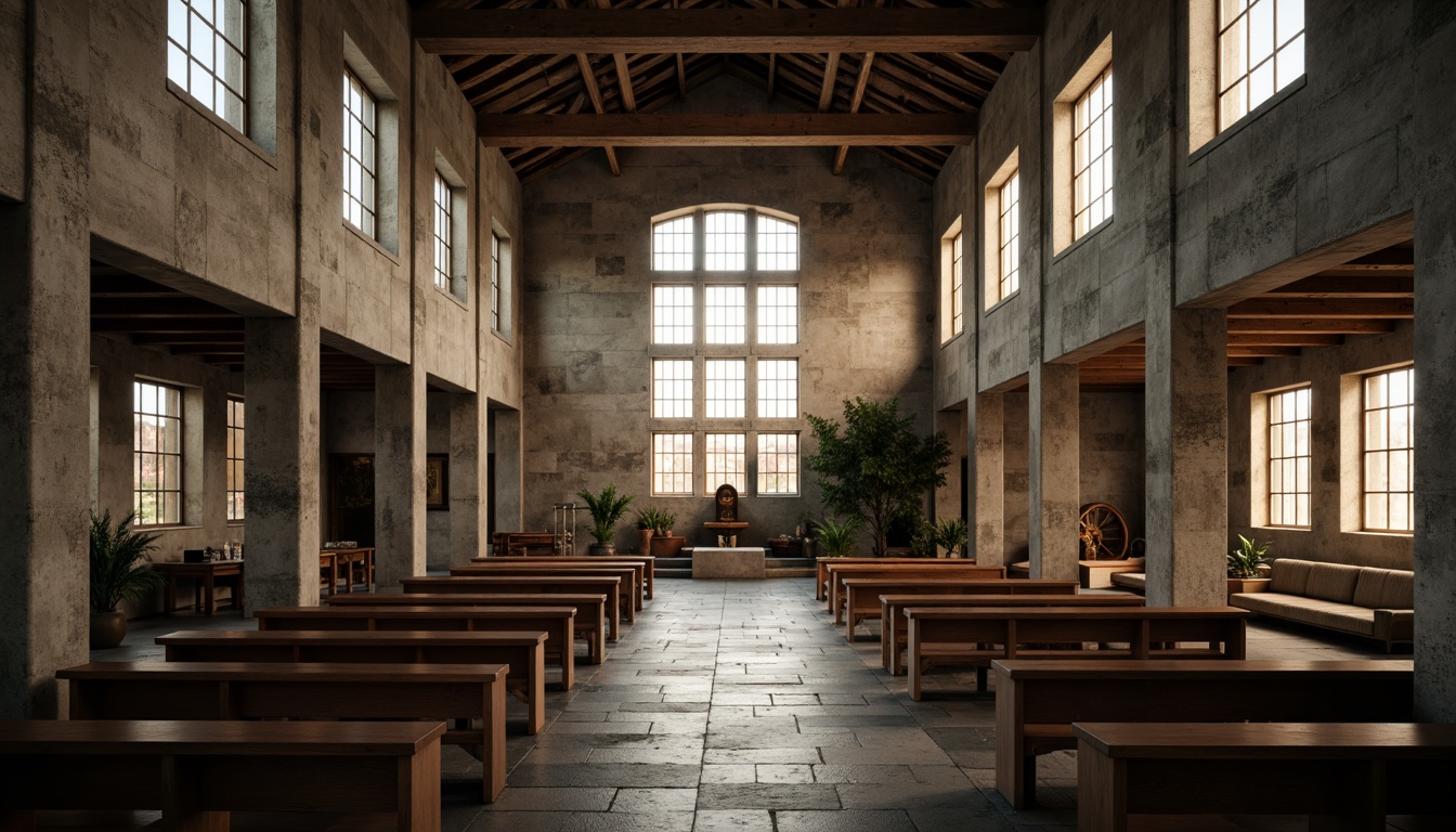 Prompt: Rustic church interior, brutalist architecture, exposed concrete walls, rugged stone flooring, wooden pews, stained glass windows, vaulted ceilings, dramatic natural light, diffused warm glow, abstract geometric patterns, textured rough-hewn surfaces, industrial metal beams, minimalist ornamentation, sacred atmosphere, contemplative ambiance, cinematic wide-angle shot, low-key lighting, moody shadows, subtle color palette.