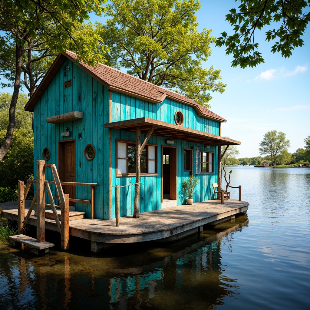 Prompt: Whimsical boathouse, eclectic facade design, vibrant turquoise accents, distressed wood textures, rusty metal decorations, nautical ropes, porthole windows, asymmetrical composition, playful ornate details, waterfront location, serene lake views, lush greenery, overhanging trees, warm sunny day, soft natural lighting, shallow depth of field, 3/4 composition, panoramic view, realistic water reflections, ambient occlusion.