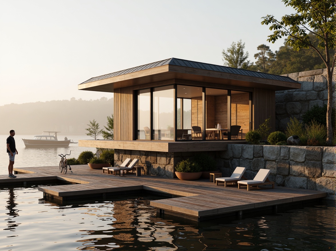 Prompt: Waterfront boathouse, rustic wooden docks, natural stone foundations, weathered cedar siding, corrugated metal roofs, nautical-themed decorations, marine-grade stainless steel fixtures, reclaimed wood accents, translucent glass walls, cantilevered decks, minimal modern architecture, lakeside scenery, serene misty mornings, warm golden lighting, shallow depth of field, 1/2 composition, atmospheric perspective, realistic reflections.