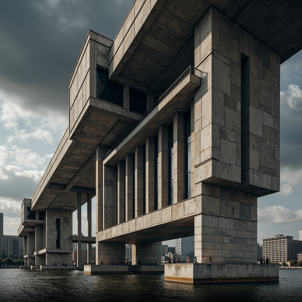 Prompt: Rugged bridge structure, brutalist architectural style, raw concrete textures, exposed ductwork, industrial metal beams, cantilevered sections, angular geometric shapes, fortified pillars, monumental scale, urban cityscape background, dramatic cloudy sky, high-contrast lighting, deep depth of field, 1/2 composition, cinematic camera angle, realistic atmospheric effects, intricate structural details.