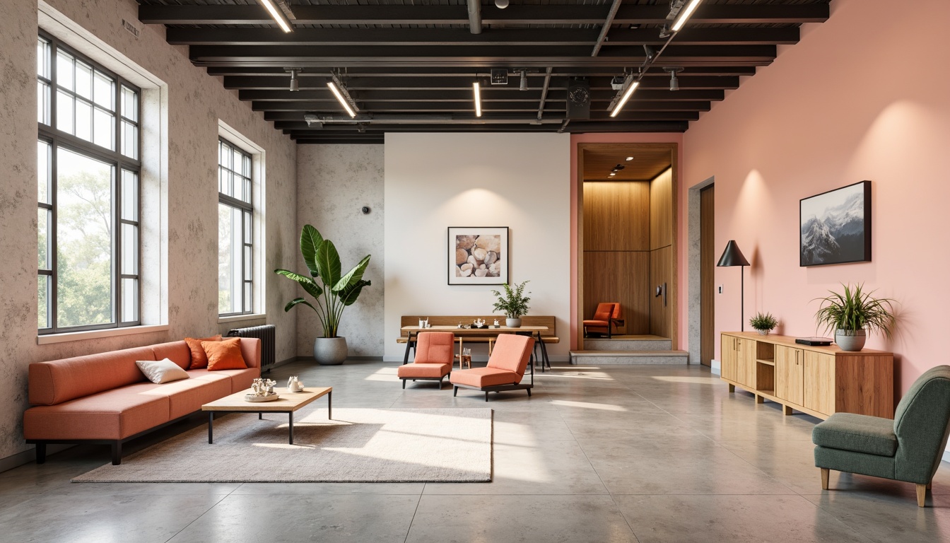 Prompt: Vibrant design studio, modern minimalist decor, pastel color scheme, soft peach tones, creamy whites, rich charcoal grays, bold accent walls, natural wood textures, industrial metal accents, sleek glass surfaces, warm task lighting, shallow depth of field, 1/1 composition, realistic renderings, ambient occlusion.