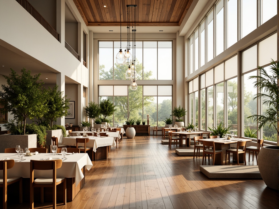 Prompt: Spacious dining hall, high ceilings, large windows, sliding glass doors, minimal window frames, sheer curtains, reflective white walls, polished wooden floors, elegant chandeliers, pendant lights, warm beige tones, abundant greenery, potted plants, natural stone accents, rustic wood furniture, soft diffused lighting, indirect sunlight, subtle shadows, 1/1 composition, atmospheric perspective, realistic textures.