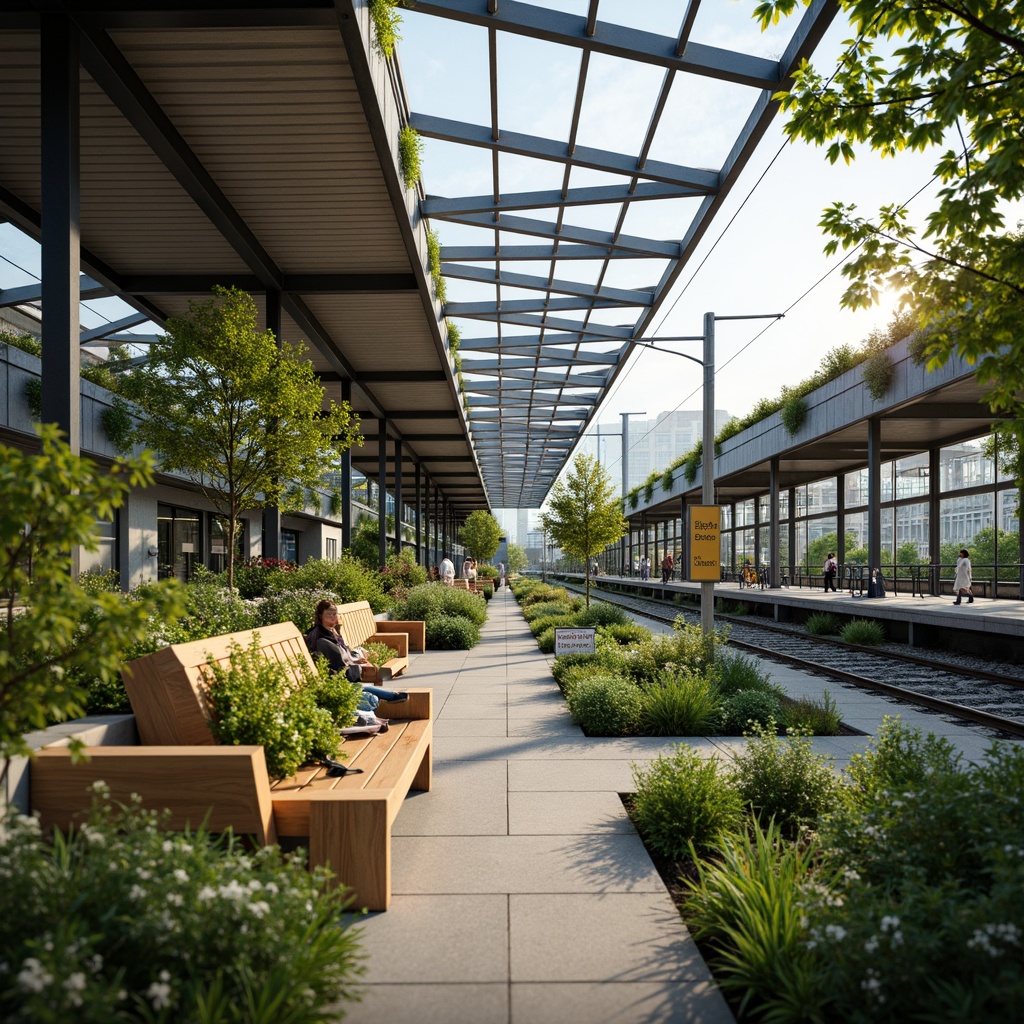 Prompt: Sustainable train station, green roofs, solar panels, rainwater harvesting systems, recycled metal structures, low-carbon concrete platforms, energy-efficient lighting, natural ventilation systems, living walls, urban gardens, modern minimalist architecture, angular lines, large glass windows, transparent ceilings, open spaces, wooden benches, eco-friendly signage, vibrant greenery, blooming flowers, soft warm lighting, shallow depth of field, 3/4 composition, panoramic view, realistic textures, ambient occlusion.